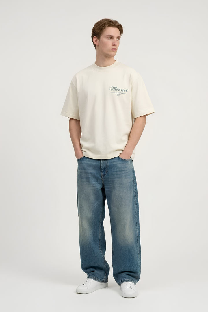 Script Tee – Beige / Light blue