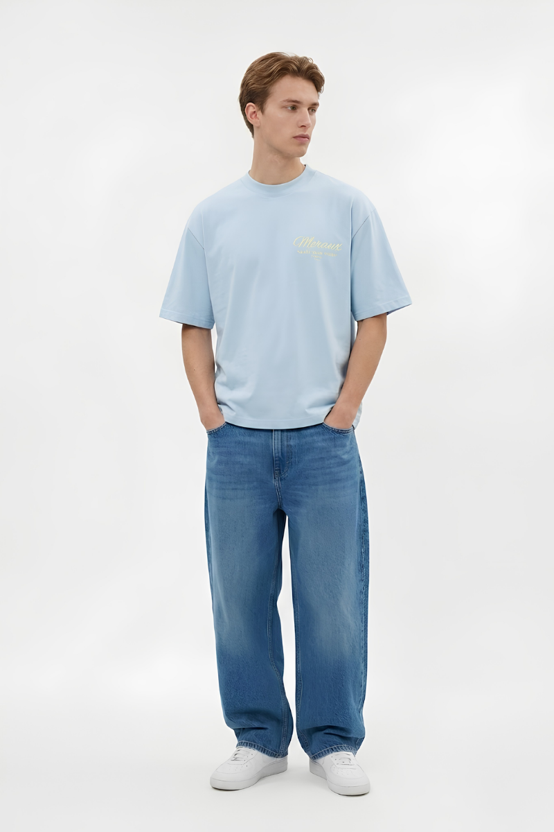 Script Tee – Light Blue / Beige