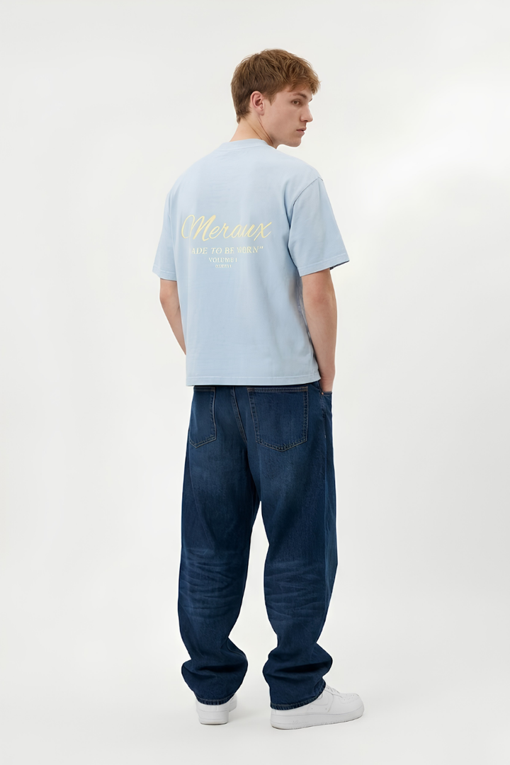 Script Tee – Light Blue / Beige