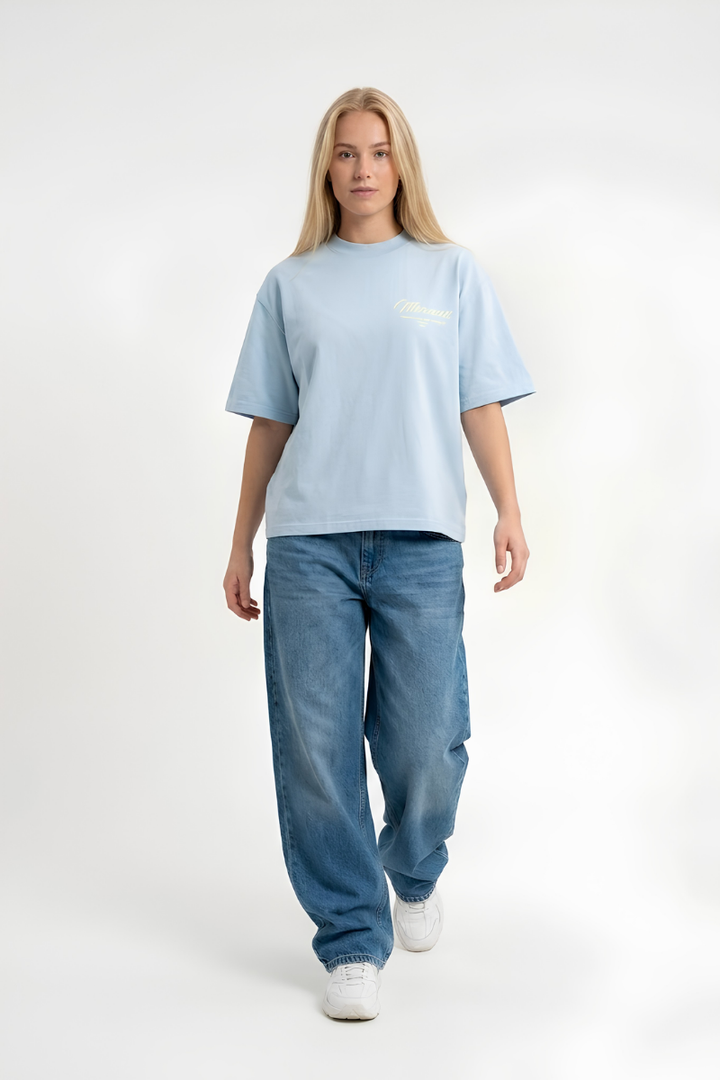 Script Tee – Light Blue / Beige